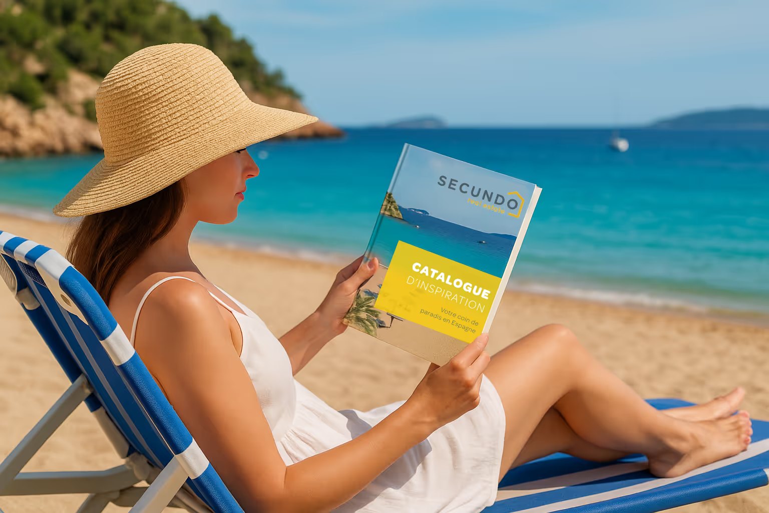 Une cliente lit le catalogue Secundo sur une plage d&rsquo;Espagne